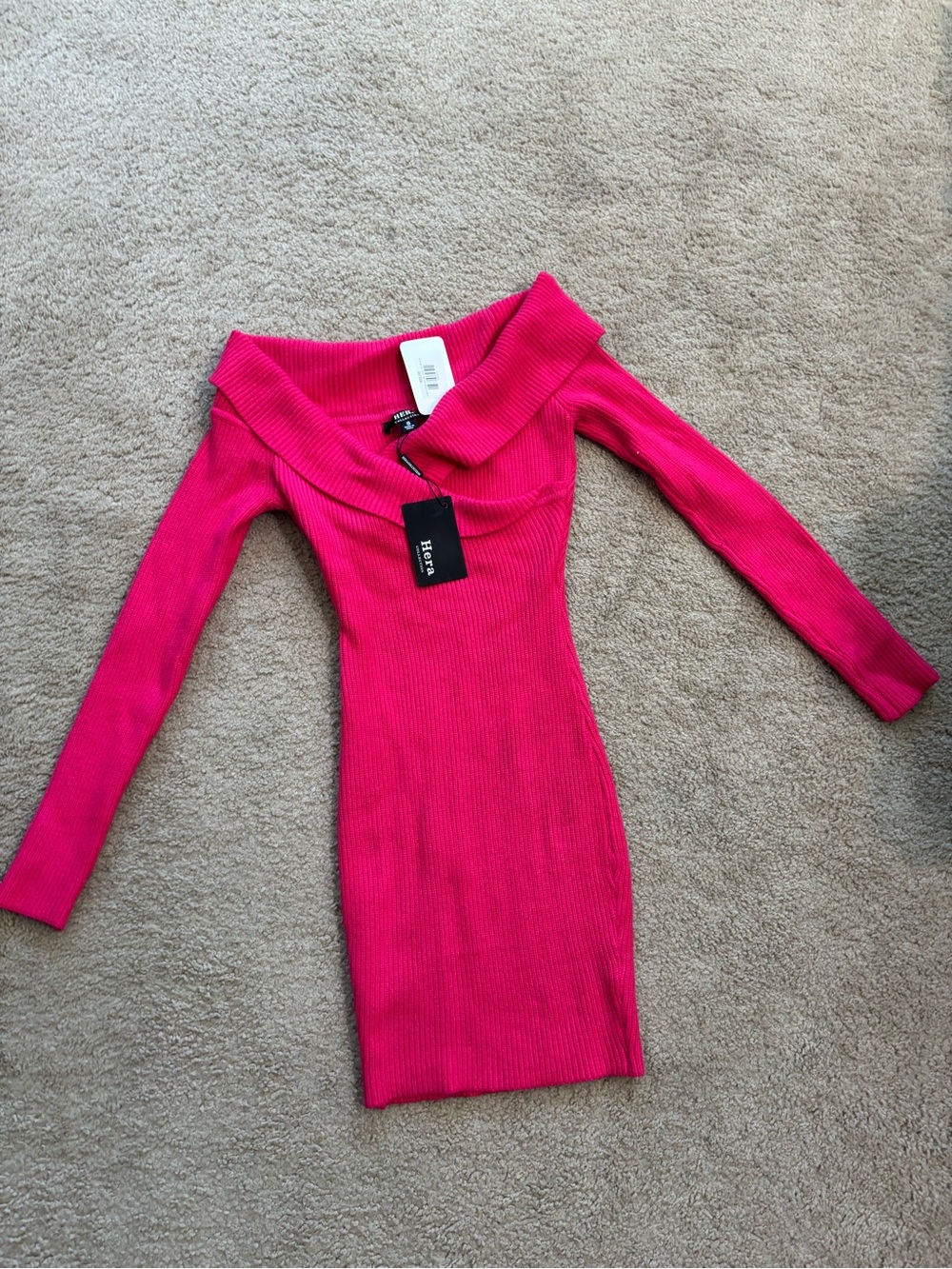 Hera Collection Fuchsia Off-Shoulder Long Sleeve Ribbed Dress